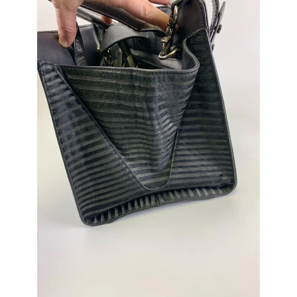 BOGO Zac Posen Satchel Purse Black Leather Fur Stripes Tote Crossbody Strap Snap - Picture 5 of 16